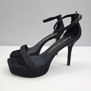NEW Stuart Weitzman Nunaked Party Heel Womens 9 Black Shimmery Platform Sandal